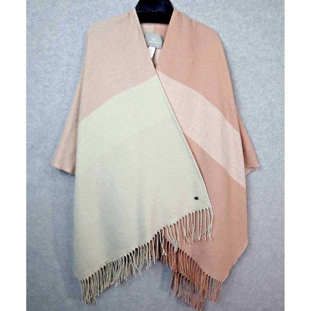Soia & Kyo Womens Shawl Wrap Fringe Poncho Pink Beige Geometric Open Frontโ